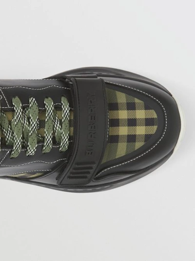 Shop Burberry Check Cotton Canvas And Leather Sneakers In Military Green