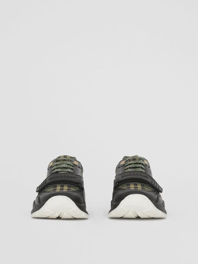 Shop Burberry Check Cotton Canvas And Leather Sneakers In Military Green
