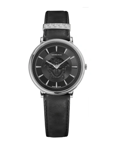 Shop Versace V-circle Medusa Leather Watch In Black
