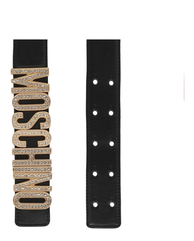 Shop Moschino Thick Leather Embellished Logo Belt In Black