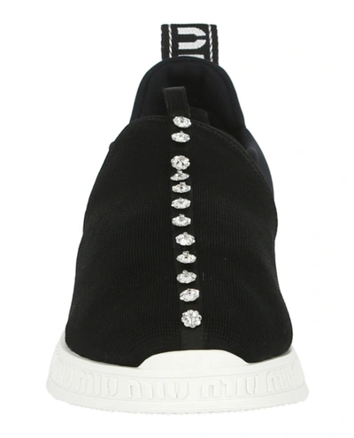 Shop Miu Miu Crystal Embellished Knit Sneakers In Black
