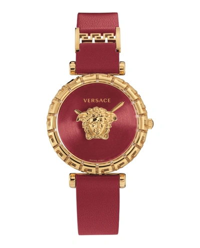 Shop Versace Palazzo Empire Greca Leather Watch In Gold