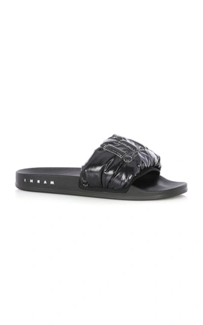 Shop Marni Women's Logo-embroidered Padded Nylon Slide Sandals In Black