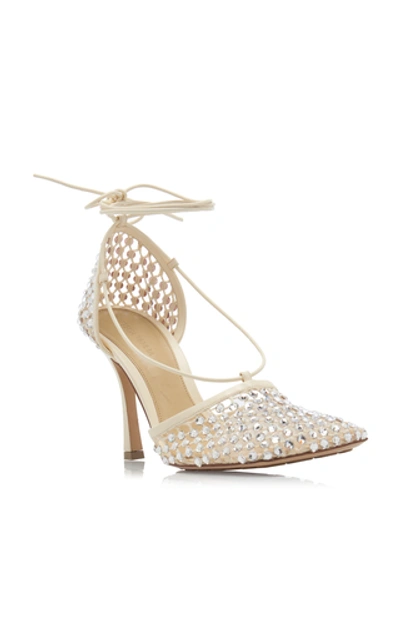 Bottega Veneta Women's Stretch Embellished Ankle Strap High Heel Pumps In White