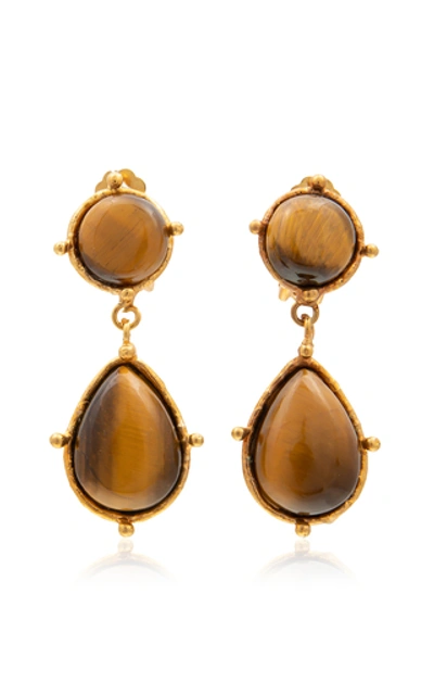 Shop Sylvia Toledano Women's Two Pierres Dots Tiger's Eye 22k Gold-plated Earrings In Brown