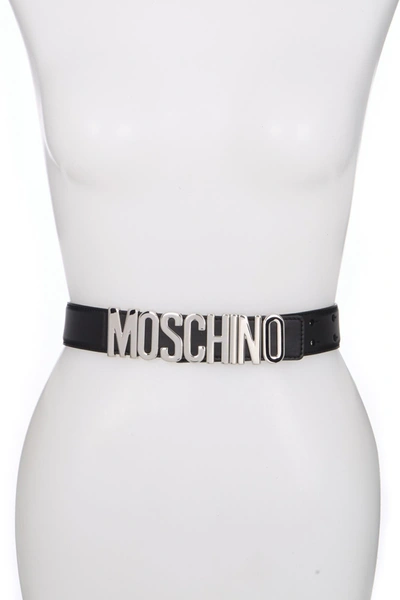 Shop Moschino Thick Leather Logo Belt In Fantasia Black
