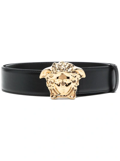 Shop Versace Black Leather Belt With Logo Buckle