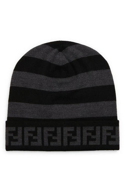 Shop Fendi Ff Logo Pequin Stripe Wool Beanie In Grey/ Black