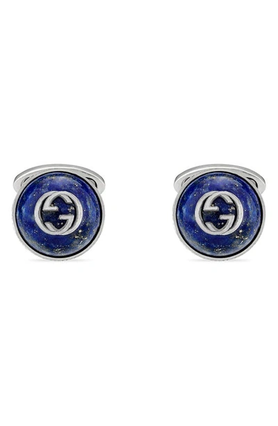 Shop Gucci Interlocking G Lapis Lazuli Cuff Links In Silver/ Lapis