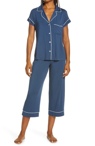 Shop Eberjey Gisele Jersey Knit Crop Pajamas In Indigo Blue/ Ivory