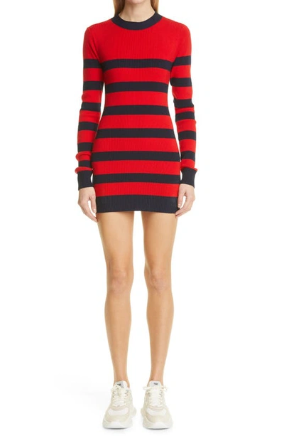 Shop Monse Stripe Open Back Long Sleeve Merino Wool Blend Sweater Minidress In Midnight/ Scarlet