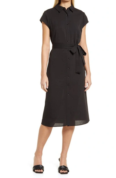 Shop Halogenr Textured Tie Waist Shirtdress In Black