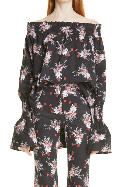 Shop Adam Lippes Floral Print Off The Shoulder Top In Black/ Poppy White