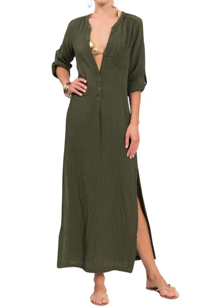 Shop Everyday Ritual Deep V-neck Cotton Caftan In Olive