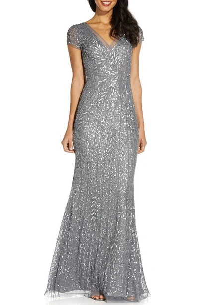 Shop Adrianna Papell Beaded Mermaid Gown In Sterling