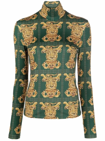 La Doublej Tiger Tile-print Turtleneck Top In Grün