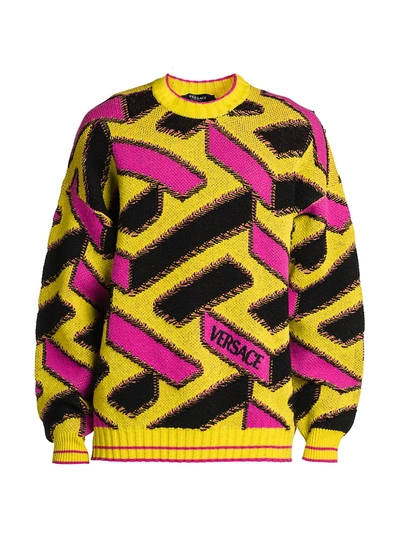 Shop Versace Men's Jacquard Monogram Sweater In Yellow Multicolor