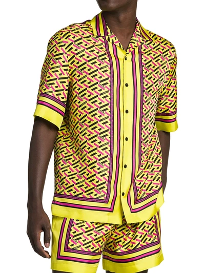 Shop Versace Monogram Print Short-sleeve Shirt In Yellow Multicolor