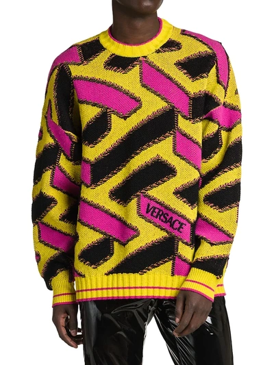 Shop Versace Men's Jacquard Monogram Sweater In Yellow Multicolor