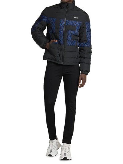 Shop Versace Men's Monogram Greca Puffer Jacket In Black Blue