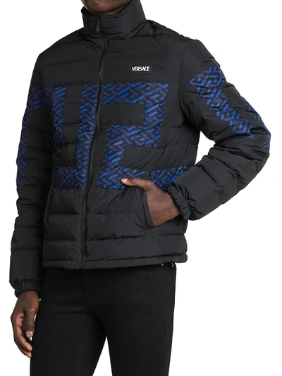 Shop Versace Men's Monogram Greca Puffer Jacket In Black Blue