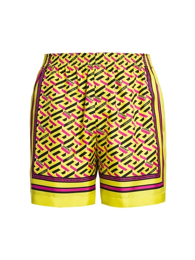 Shop Versace Silk Monogram Shorts In Yellow Multicolor