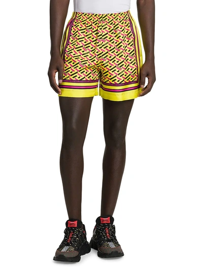 Shop Versace Silk Monogram Shorts In Yellow Multicolor