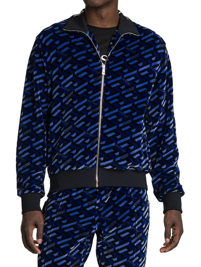 Shop Versace Jersey Jacquard Zip-up Track Jacket In Blue Black