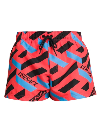 Shop Versace Men's Nylon Monogram Print Swim Trunks In Orange Peel Regal Blue