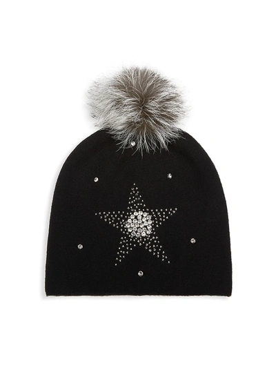 Shop Adrienne Landau Wool-blend Embellished Star Hat With Fox Fur Pom In Black