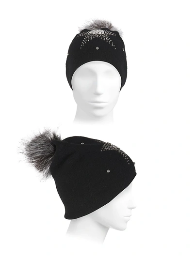 Shop Adrienne Landau Wool-blend Embellished Star Hat With Fox Fur Pom In Black