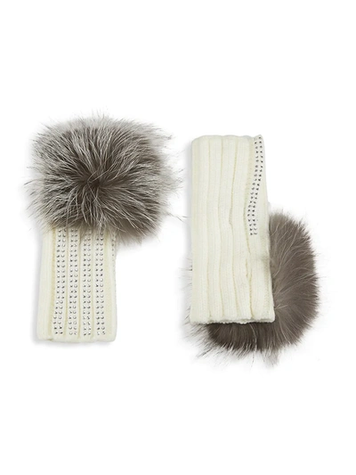 Shop Adrienne Landau Women's Wool-blend & Fox Fur Crystal-embellished Fingerless Gloves In White