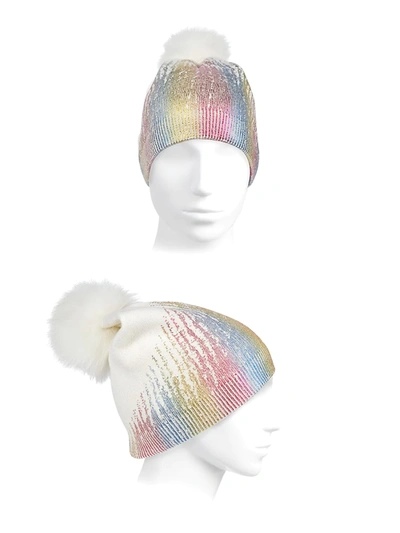 Shop Adrienne Landau Wool-blend Metallic Hat With Fox Fur Pom In White Multi