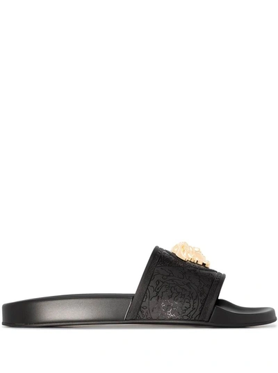 Shop Versace Black Rubber Sandals With Greek Detail