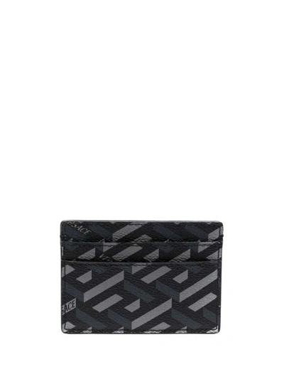 Shop Versace Monogram Leather Card Holder In Black