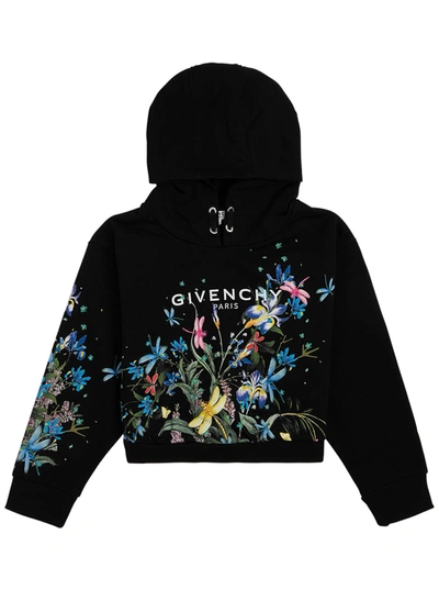 Shop Givenchy Black Cottonhoodie With Floral Logo Print