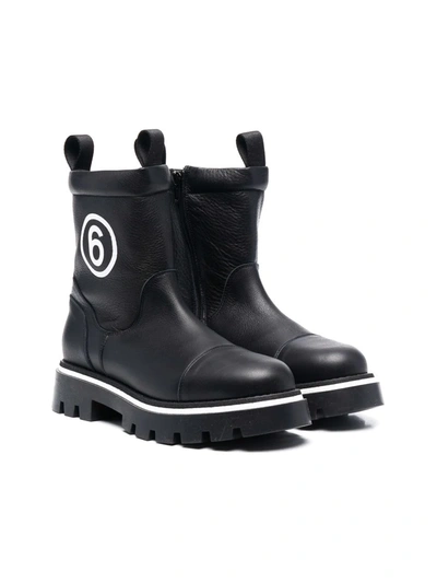 Shop Mm6 Maison Margiela Teen Logo-print Chunky Leather Boots In Black