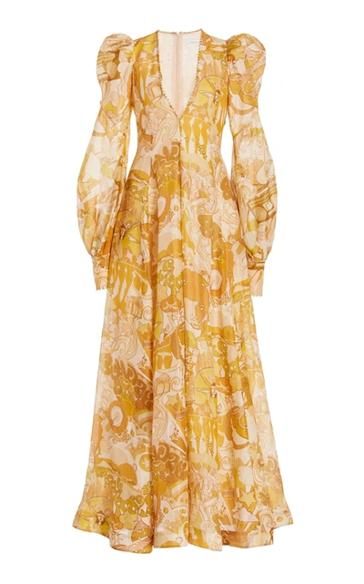 Shop Zimmermann Women's Tempo Puff-sleeve Printed Linen-silk Gown In Multi