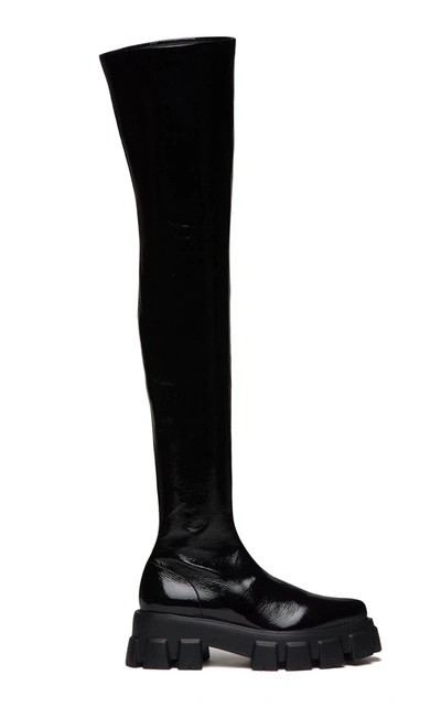 Shop Prada Women's Monolith Patent Leather Over-the-knee Boots In Black