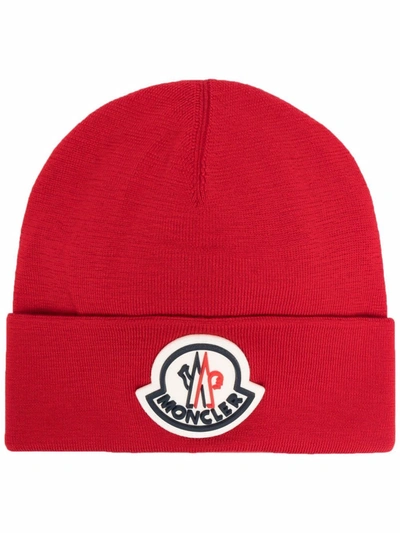 Shop Moncler Logo-patch Wool Beanie In Red