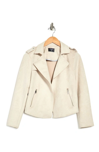 Shop T Tahari Faux Suede Crop Moto Jacket In Bone