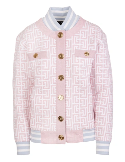 Shop Balmain Woman White And Pink Bomber Jacket In Pied De Poule Tweed