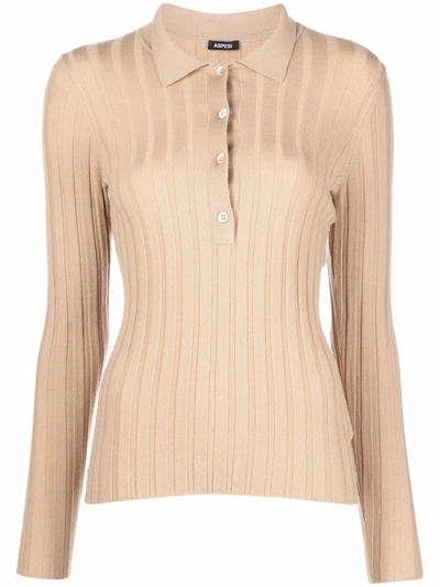 Shop Aspesi Ribbed Knit Polo Top In Nude
