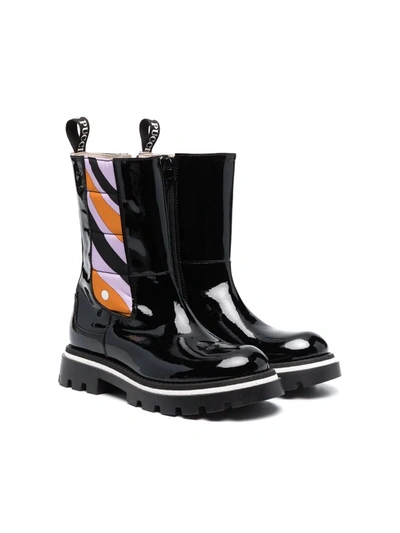 Shop Emilio Pucci Junior Striped-panel Leather Boots In 黑色