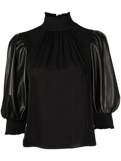 Shop Alice And Olivia High-neck Puff-sleeve Blouse In Black