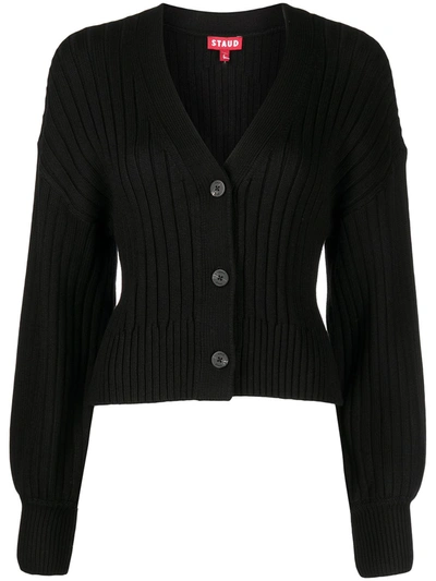 Shop Staud Ribbed-knit Bell-sleeve Cardigan In Black