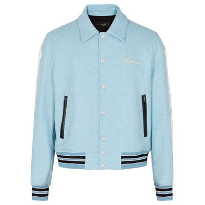 Shop Amiri Bones Blue Wool-blend Varsity Jacket In Light Blue