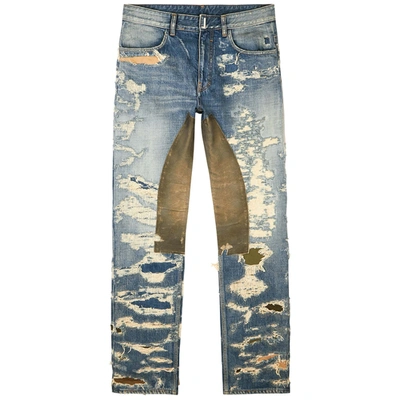 Shop Givenchy Blue Distressed Straight-leg Jeans