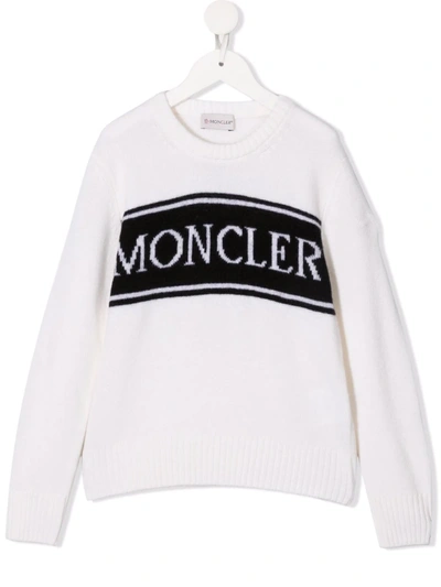 Shop Moncler Logo Intarsia Virgin Wool Jumper In White