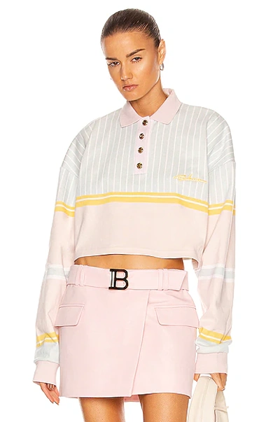 Shop Balmain Cropped Long Sleeve Logo Polo Shirt In Pastel Multi